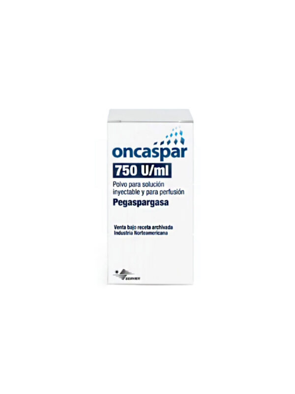 Frasco de Oncaspar (Pegaspargasa), una opción en Hematología para tratar la leucemia linfoblástica aguda, mejorando la eficacia del tratamiento al reducir efectos secundarios.