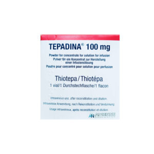 Frasco de Tepadina (Thiotepa), un tratamiento en Hematología utilizado en terapias de condicionamiento previo a trasplantes de células madre, ayudando a eliminar células malignas.