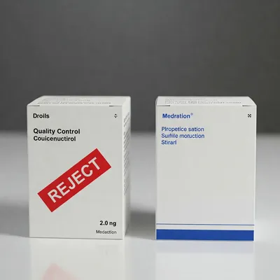 Caja de medicamentos rechazada tras el control de calidad en la industria farmacéutica.