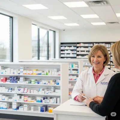 Entrada principal de una farmacia de especialidades especializada en medicamentos para enfermedades crónicas.