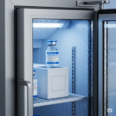 Insulina almacenada en refrigerador manteniendo la temperatura de medicamentos refrigerados correcta.