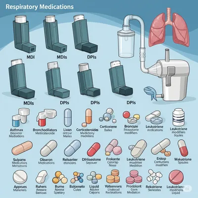 Variedad de medicamentos para vías respiratorias disponibles para tratar diferentes afecciones.