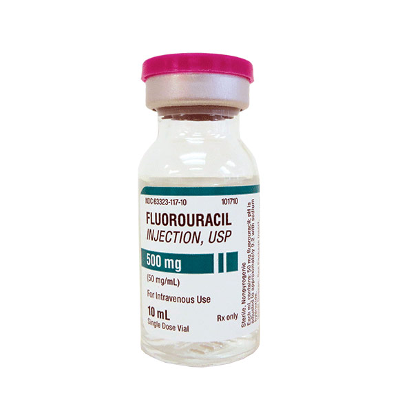 Presentación del medicamento Fluorouracilo, usado para tratar diferentes tipos de cáncer y lesiones cutáneas