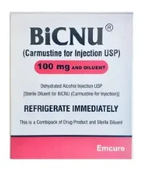 Una caja de medicamento blanco y rojo llamada Bicnu con 100 mg de carmustina para inyección y refrigerar inmediatamente. Qué es Bicnu es la pregunta clave
