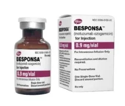 Un vial y una caja de Besponsa, inotuzumab ozogamicina 0.9 mg para inyección, ilustrando qué es Besponsa como medicamento.